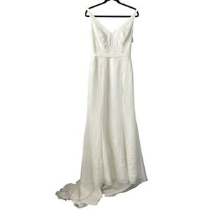David's Bridal Wedding Dress 8‎ Ivory NWT Chiffon Lace Ruffle Back MB3491
